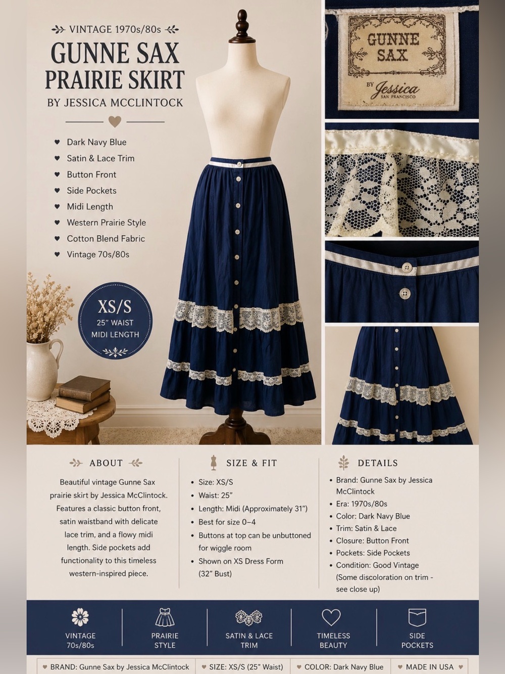 *Gunne Sax - prairie skirt- dark navy blue, lace trim, button front, pockets